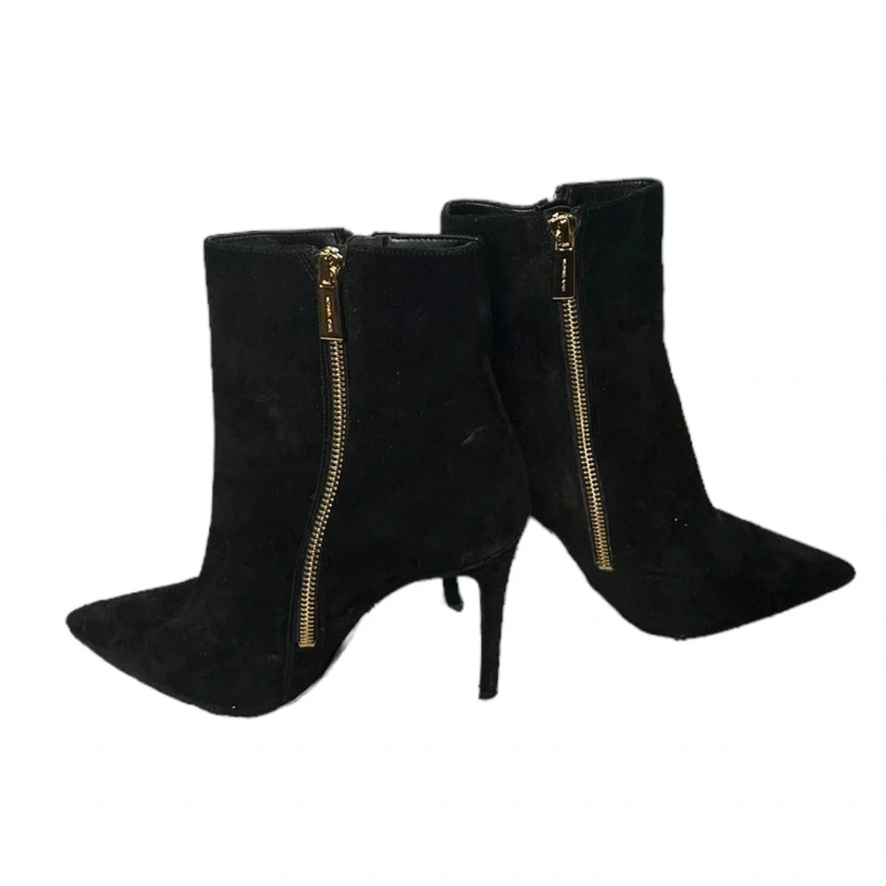 Michael Kors Keke Black Suede Gold Zip Pointed Toe Stiletto Ankle Boots Size 7.5 - Picture 5 of 9